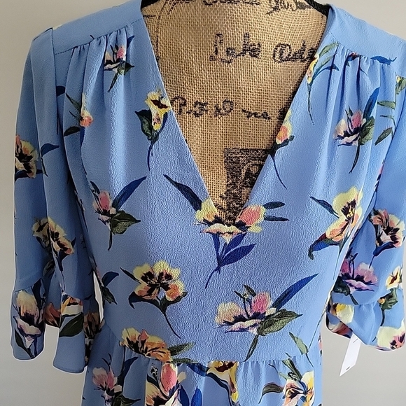 London Style Blue Maxi Sundress with 3/4 Bell Sleeves and V-Neck - Picture 5 of 5